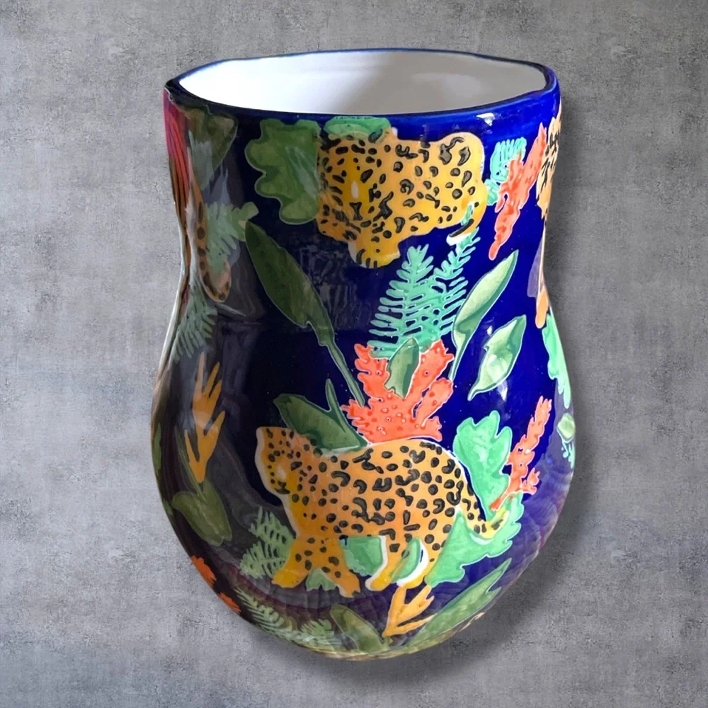 Anthropologie Leah Reena Goren Blue Tiger Cheetah Cat Flora Fauna Ceramic Vase
